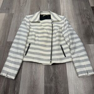 Gianni Bini Blazer Jacket Womens 12 White Gray Knit Tweed Moto Zipper Metallic